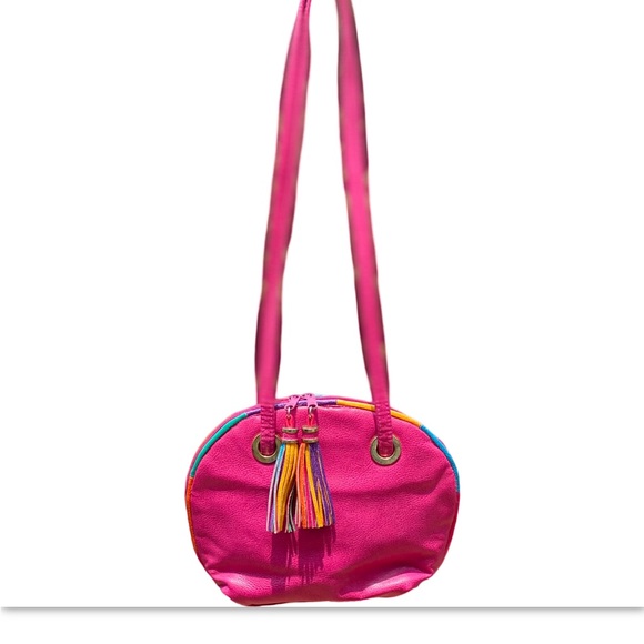 80s Pink Leather Shoulder Bag Handbag Retro with tassels on zipper - Picture 1 of 14